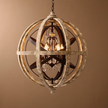 Retro Rustic Weathered Wooden Globe Metal Orb Crystal 5-Light Chandelier in Large
